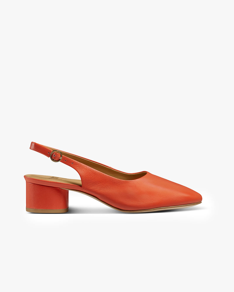 Lora leather heeled mules in tomato - product side shot