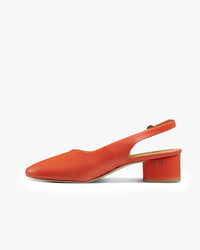 Lora leather heeled mules in tomato - product angle shot