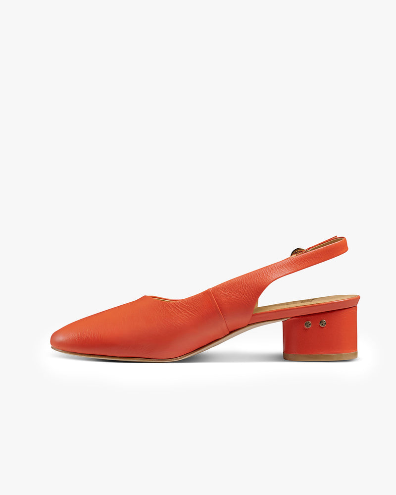 Lora leather heeled mules in tomato - product angle shot