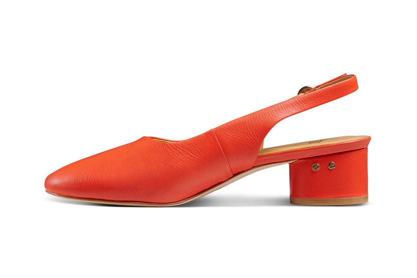Lora leather heeled mules in tomato - product side shot
