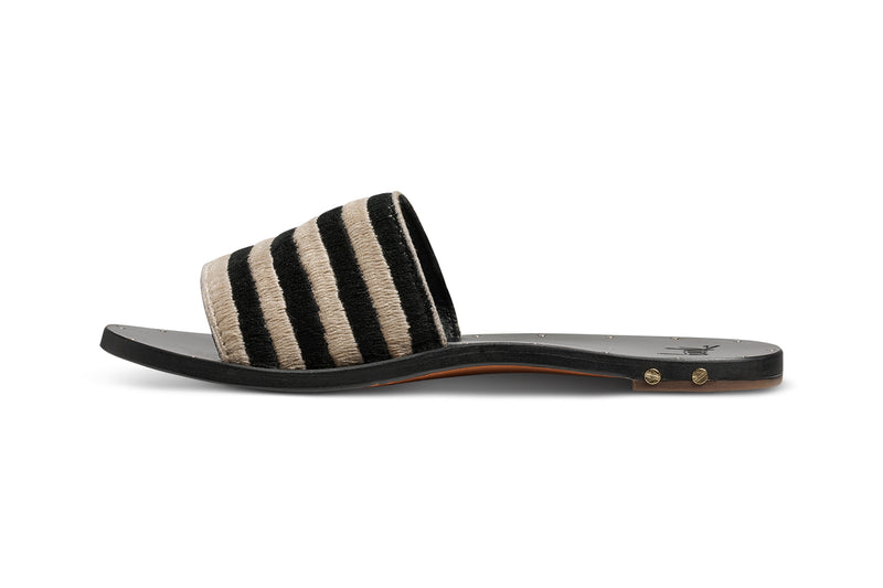 Lovebird leather embroidered slide sandal in black stripe - product side shot