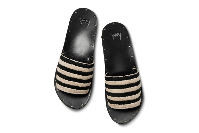 Lovebird leather embroidered slide sandal in black stripe - product top shot