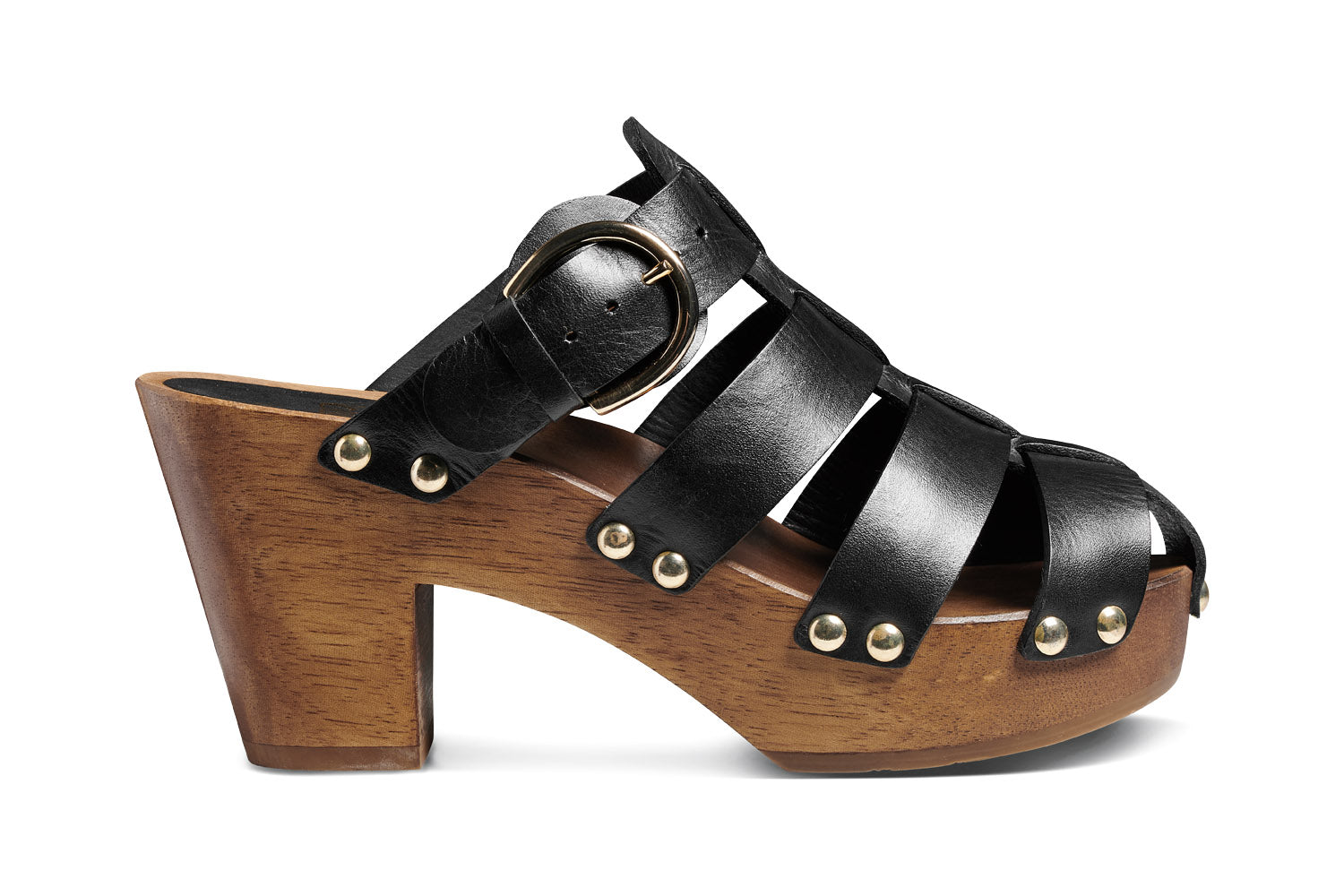 Magpie leather heeled clogs in black - side shot