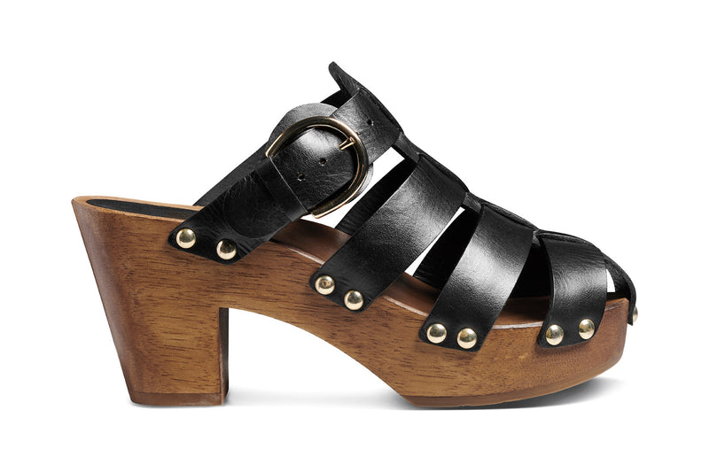 Magpie leather heeled clogs in black - side shot
