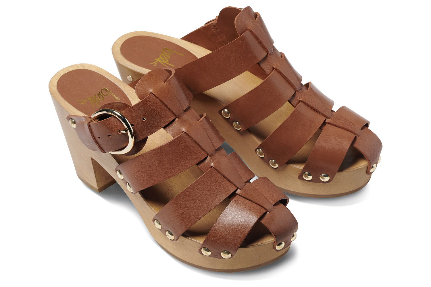 Magpie leather heeled clogs in cognac - angle shot