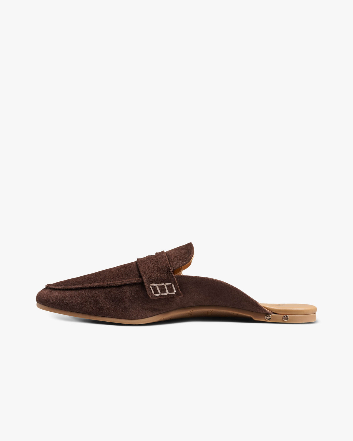 Mallard suede loafer mule in coffee - product side shot