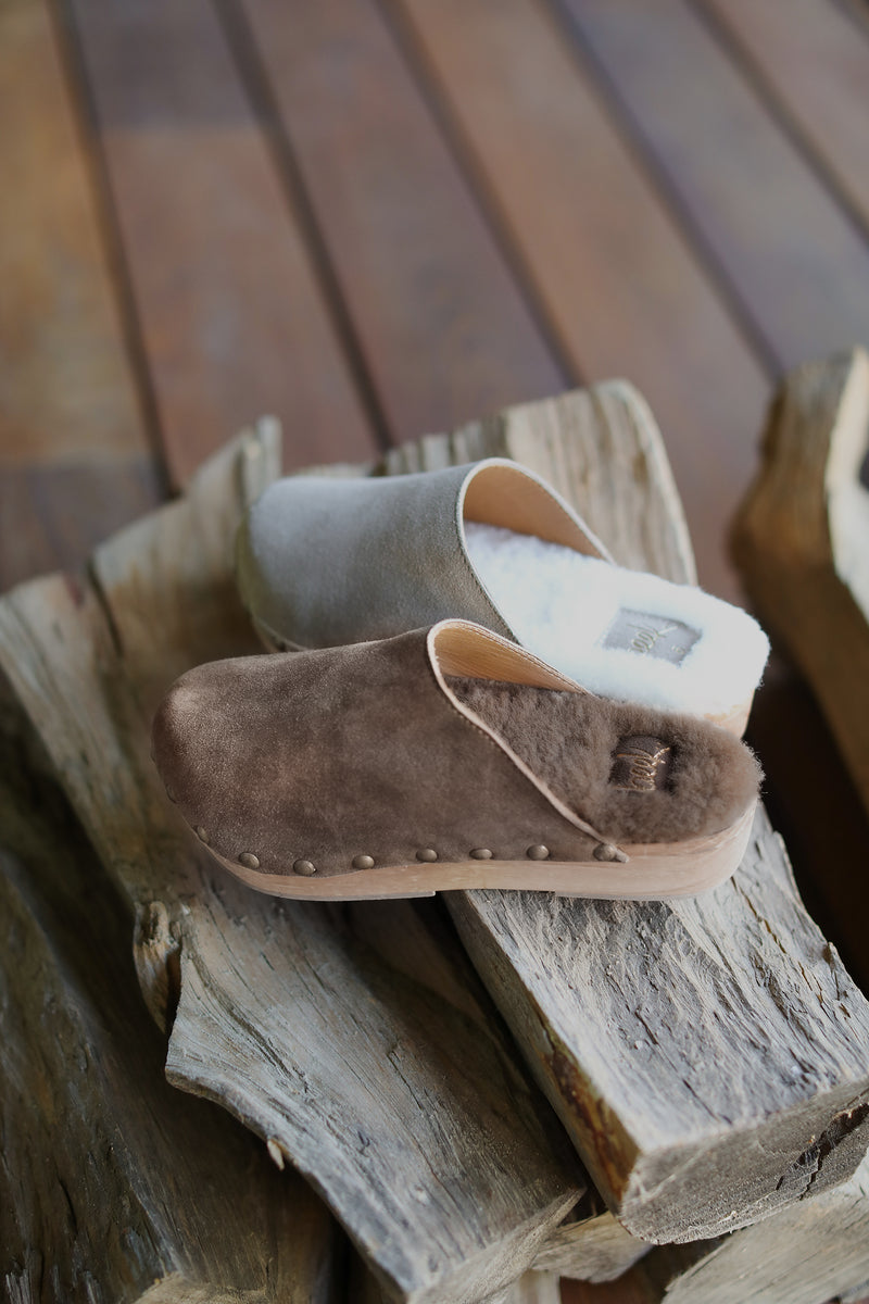 Mallard Shearling suede clogs in pecan and stone.