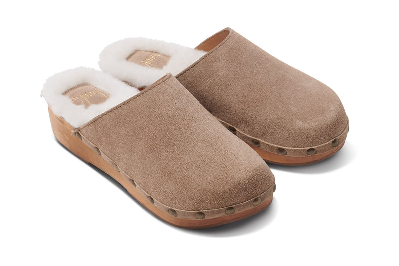Mallard Shearling clogs in stone - angle shot