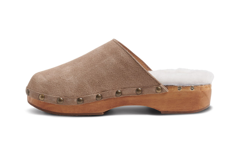 Mallard Shearling clogs in stone - side shot