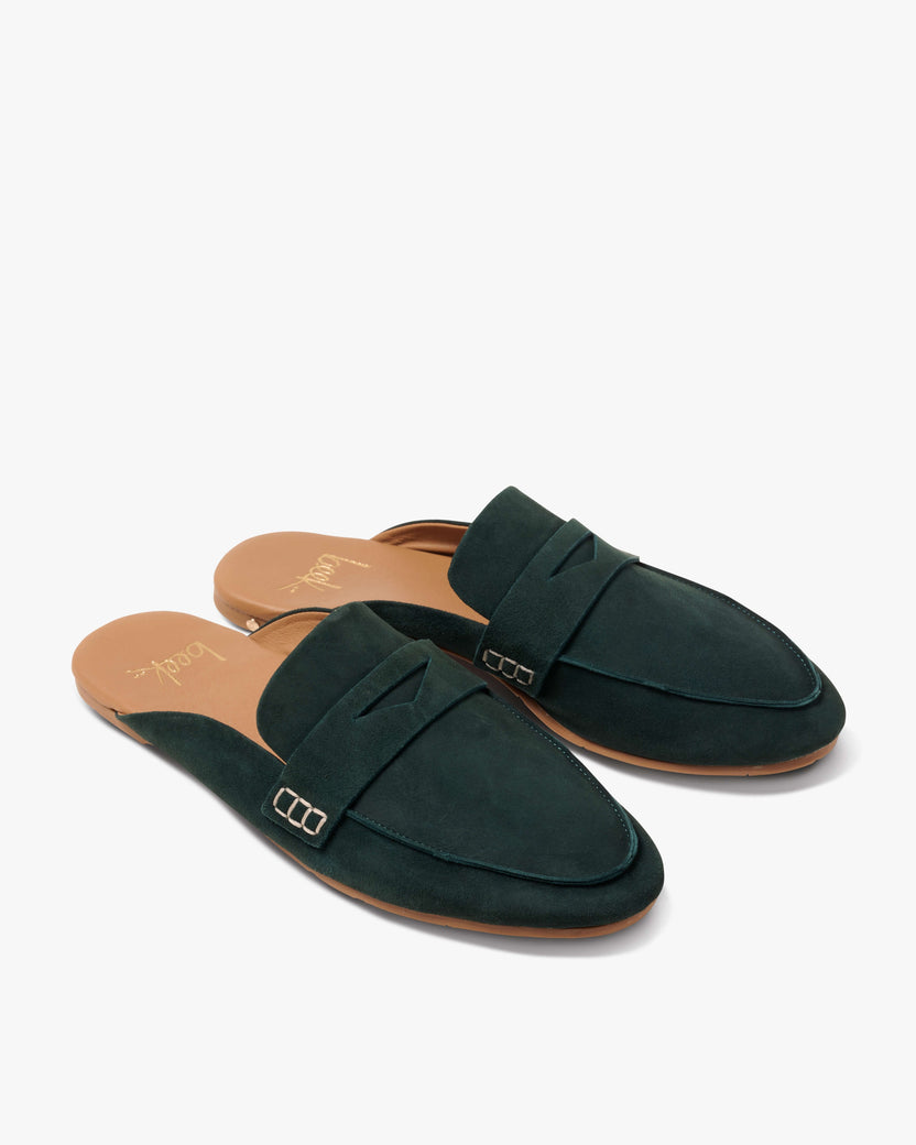 Mallard suede loafer mule in teal - product angle shot