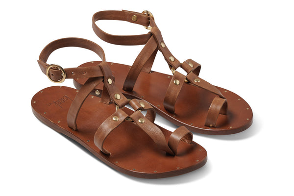 Miner ankle strap leather sandals in tan - angle shot