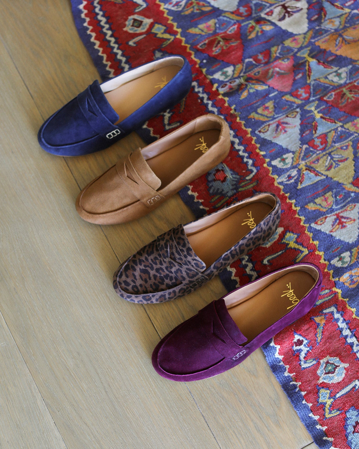 Group shot of Moorhen suede loafers in navy, toffee, leopard, prune.