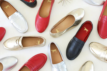 Group shot of Swiftlet leather ballet shoes in lipstick, silver, gold with Moorhen leather loafers in silver, gold, black, lipstick.