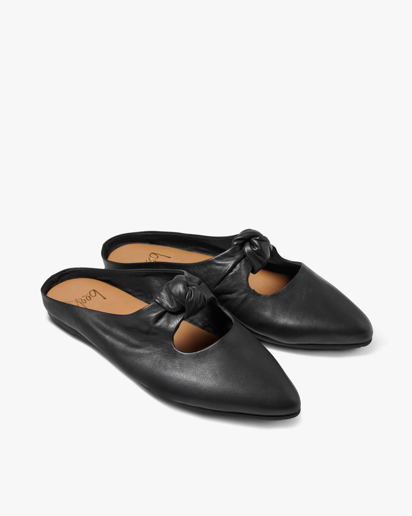 Noddy leather backless ballet mule in black - product angle shot