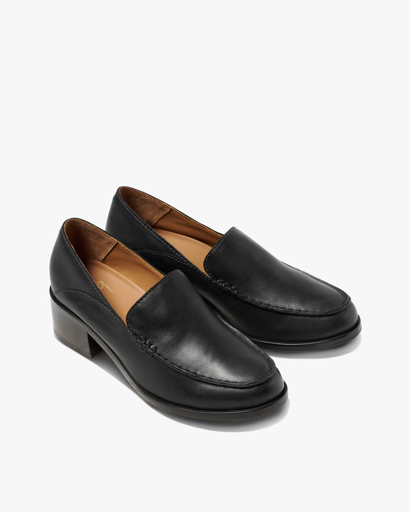 Owl leather heeled loafers in black - product angle shot