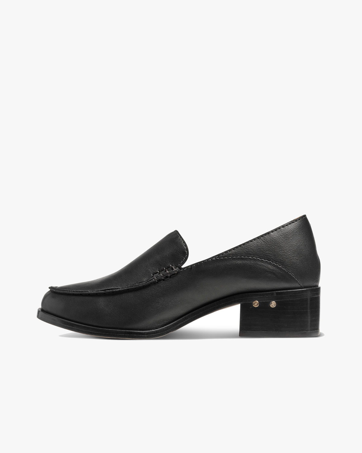 Owl leather heeled loafers in black - product side shot