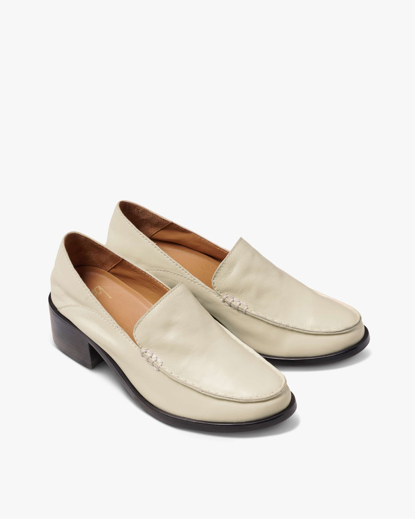 Owl leather heeled loafers in eggshell - product angle shot