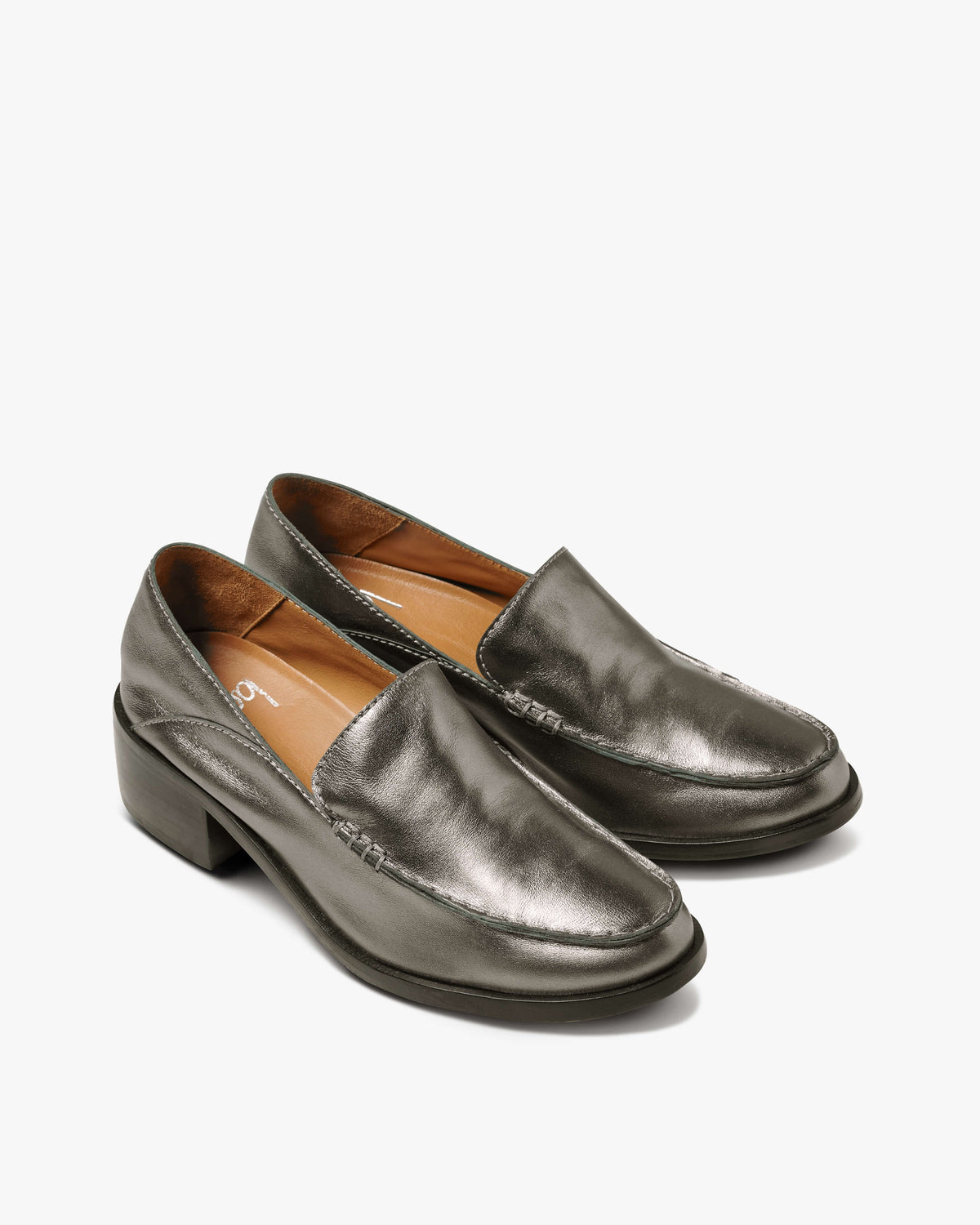 Owl leather heeled loafers in gunmetal - product angle shot