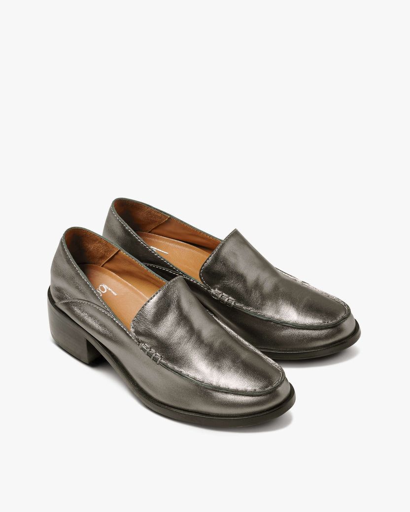 Owl leather heeled loafers in gunmetal - product angle shot
