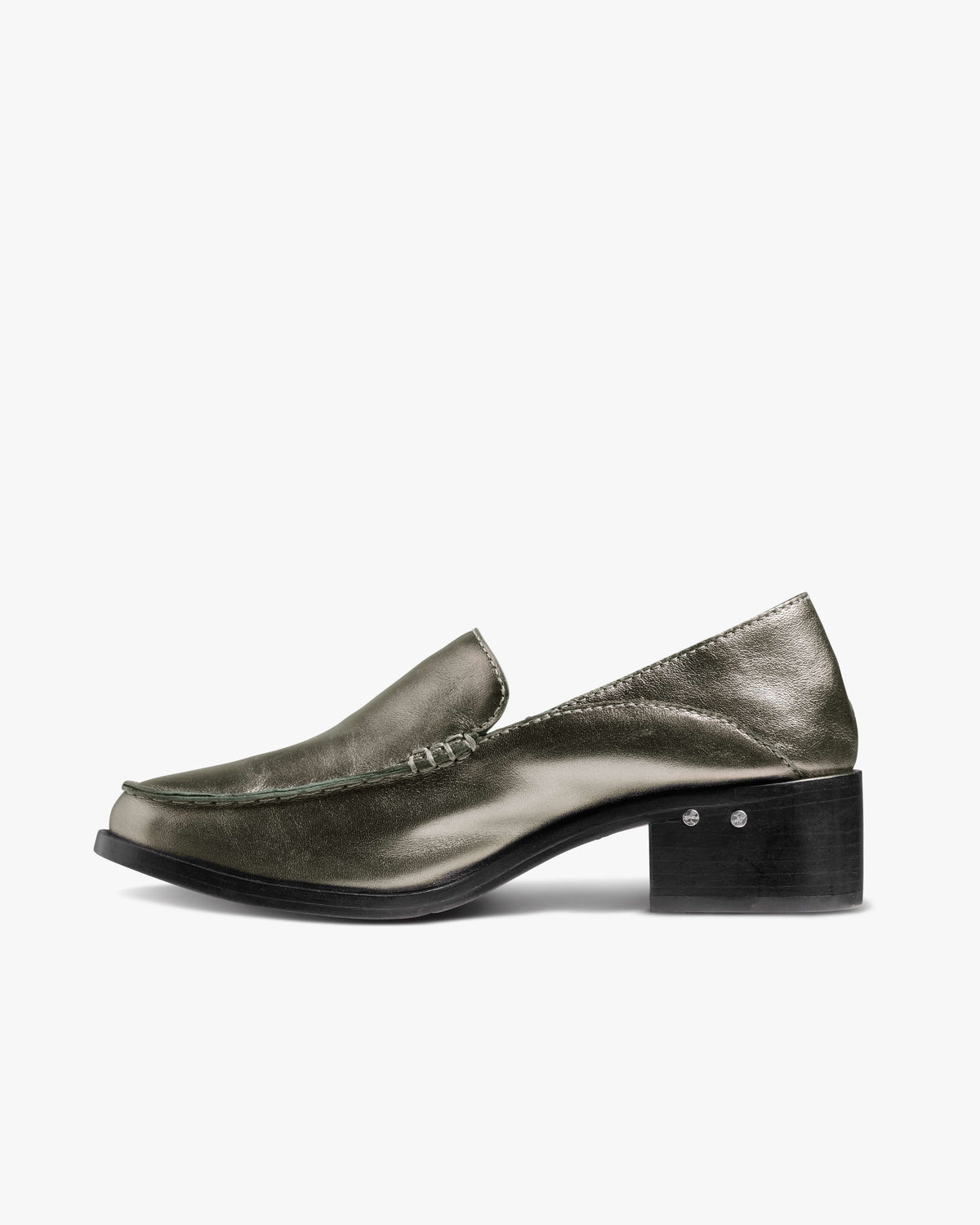 Owl leather heeled loafers in gunmetal - product side shot