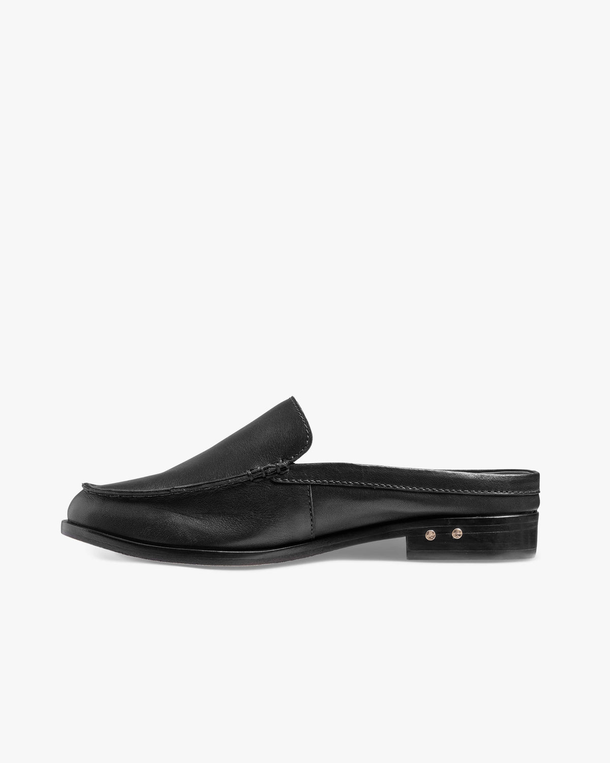 Owlet leather backless loafer in black - product side shot