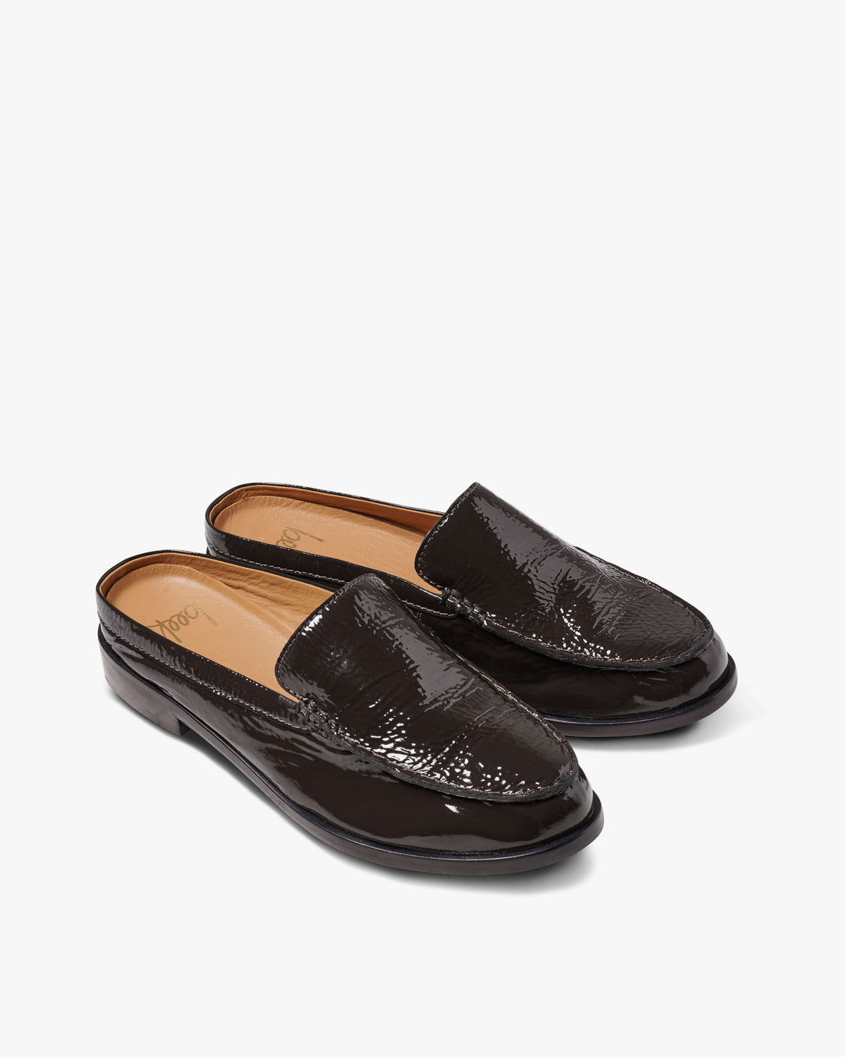 Owlet patent leather backless loafer in coffee - product angle shot