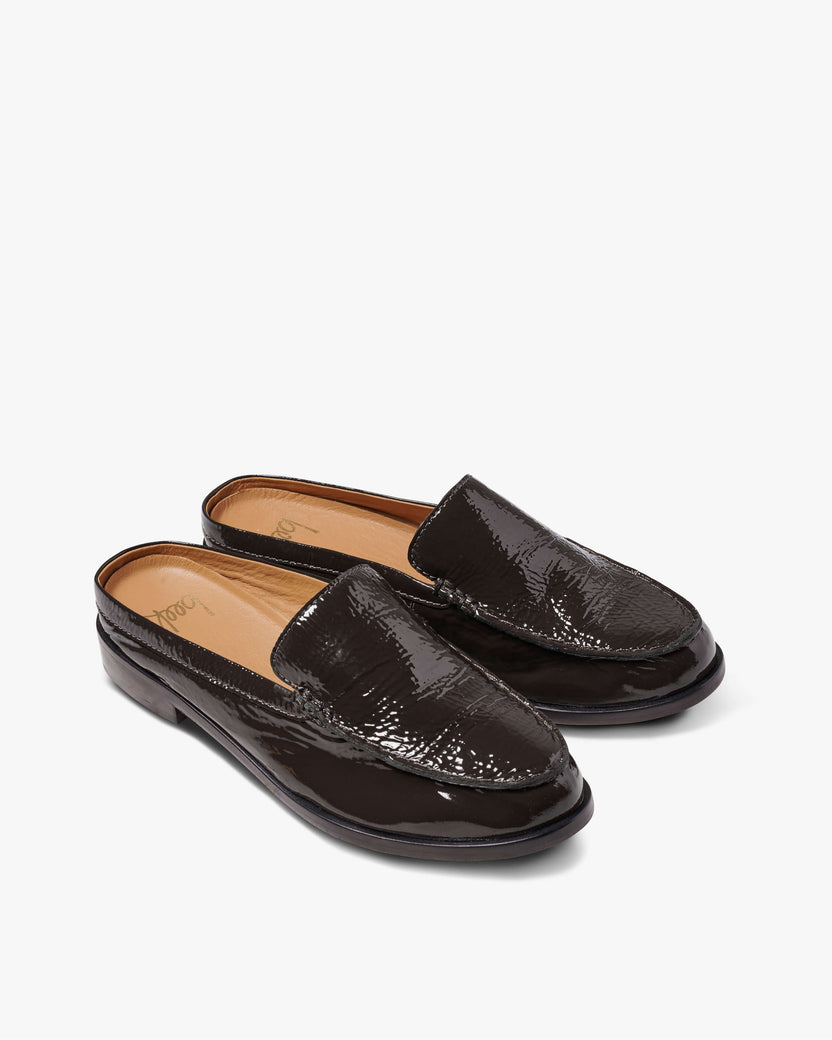 Owlet patent leather backless loafer in coffee - product angle shot