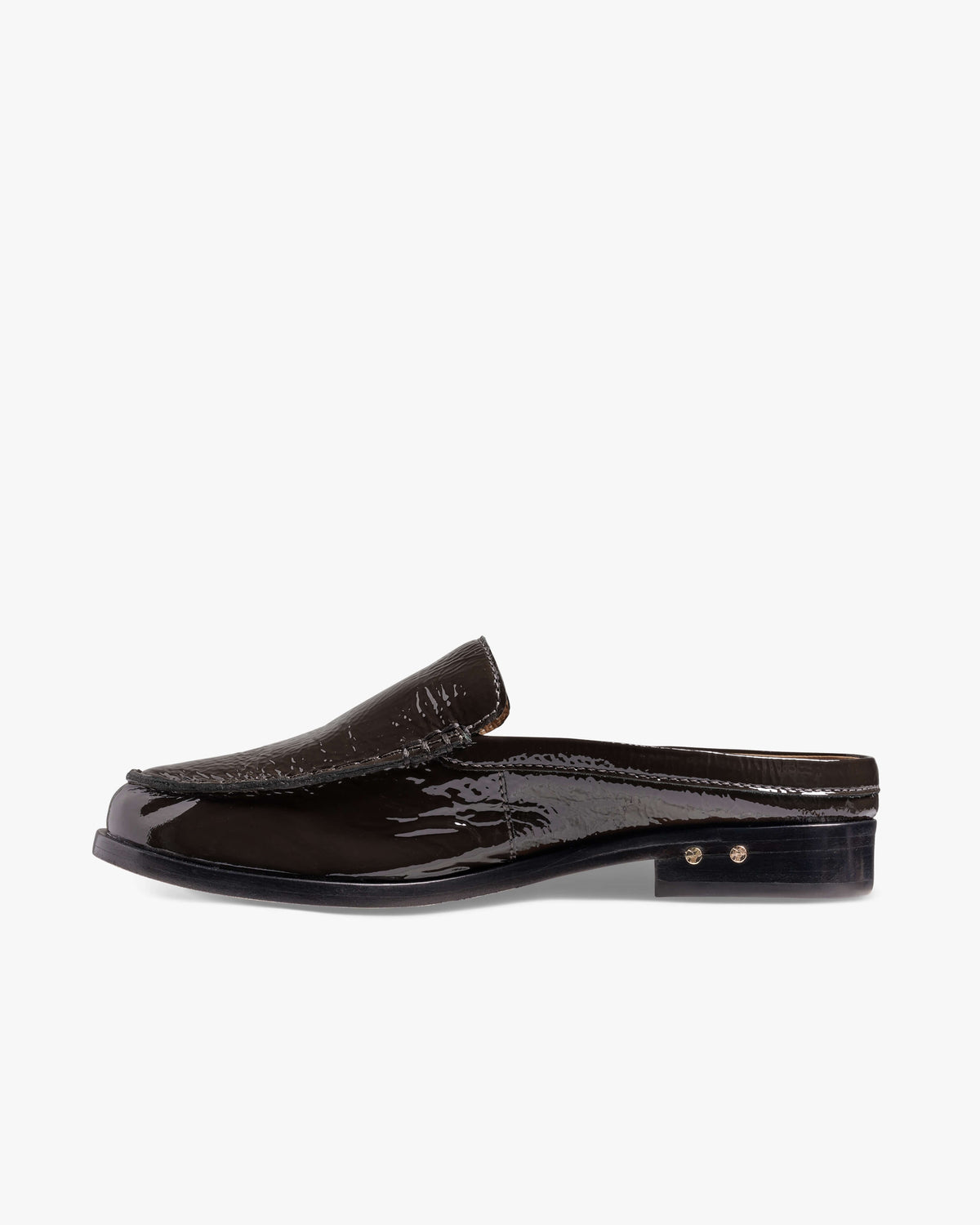 Owlet patent leather backless loafer in coffee - product side shot