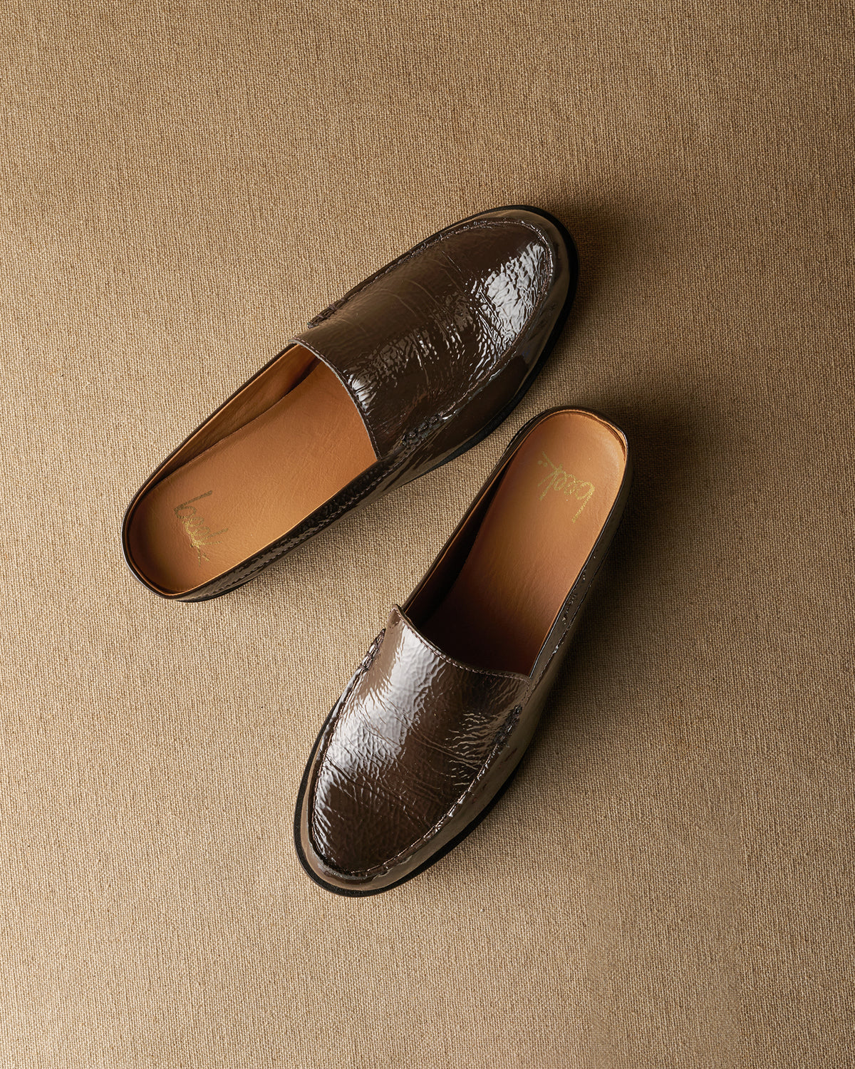 Owlet patent leather backless mule loafer in coffee
