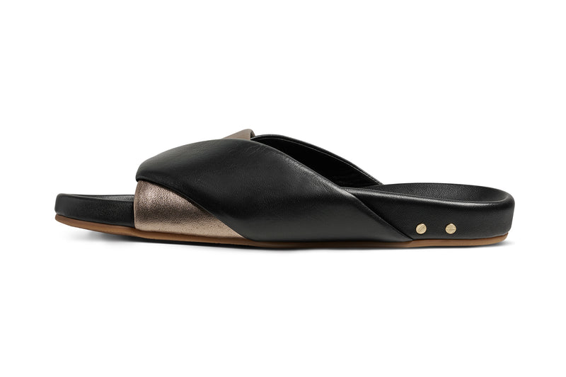 Paloma leather slide sandal in bronze/black - product side shot