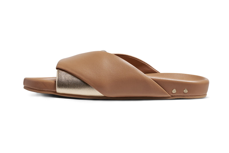 Paloma leather slide sandal in gold/honey - product side shot