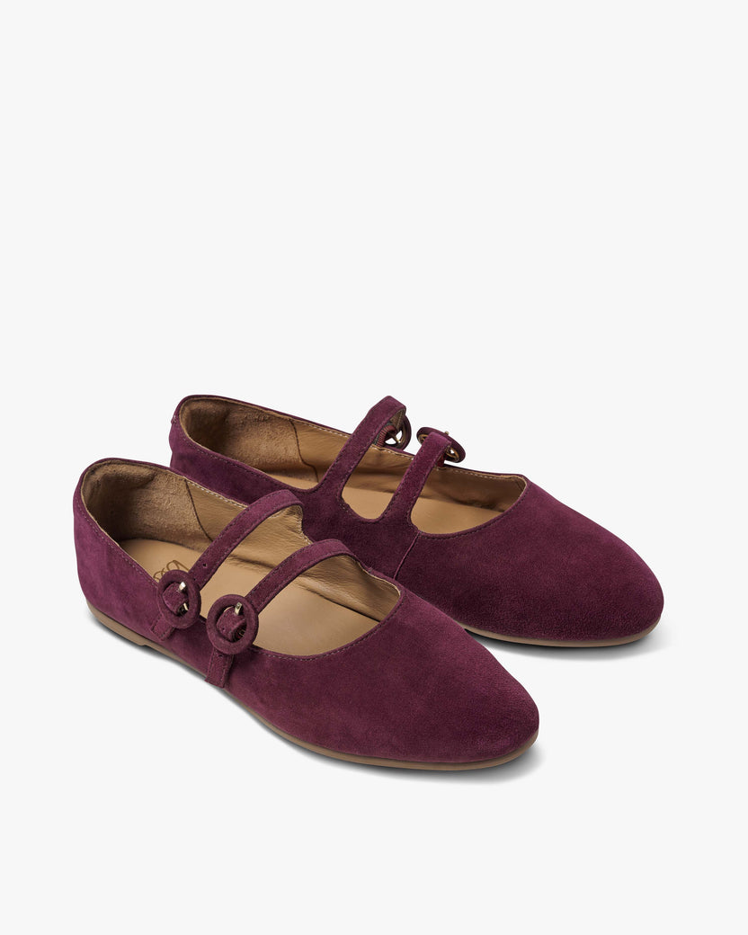 Partridge suede mary jane ballet shoes in prune - product angle shot