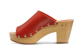 Peacock heeled clog in red - side shot