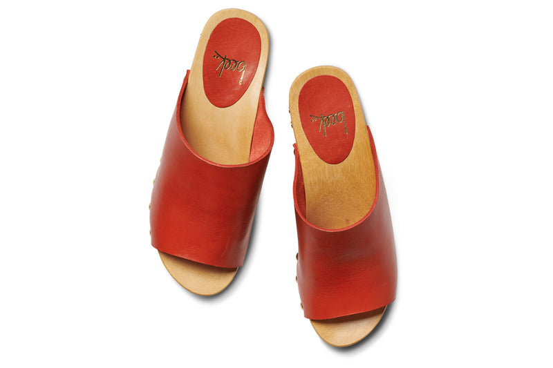 Peacock heeled clog in red - top shot