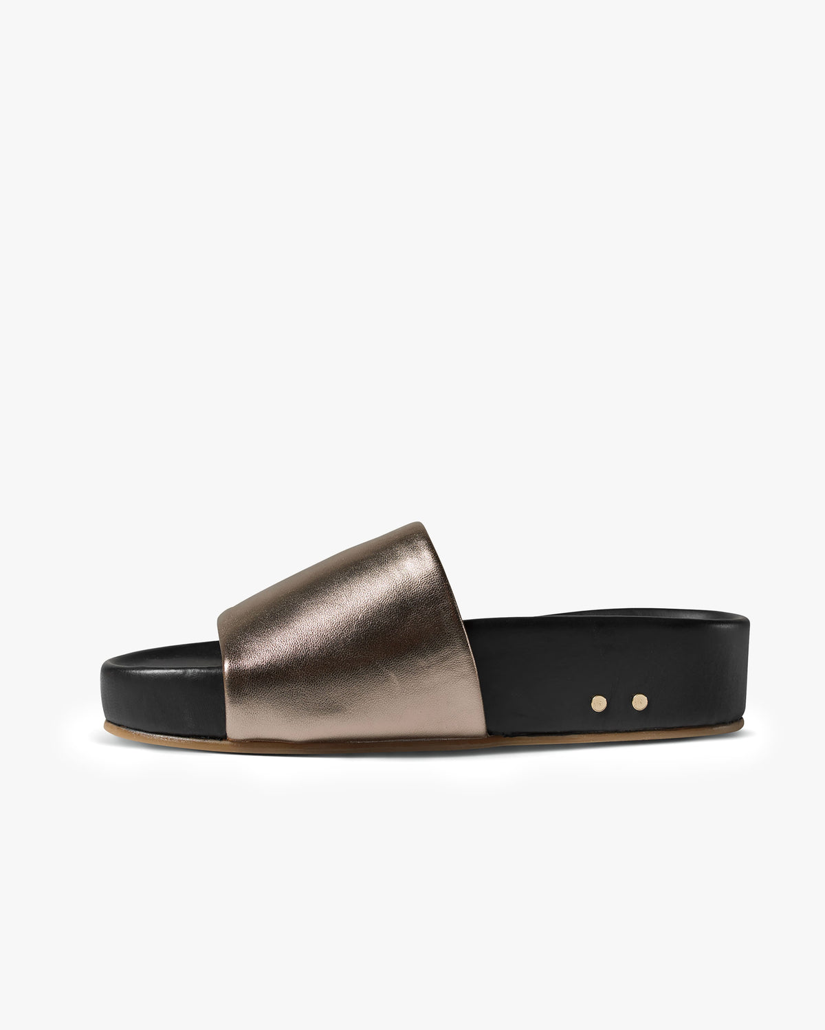 Pelican leather platform sandal in bronze/black - side shot
