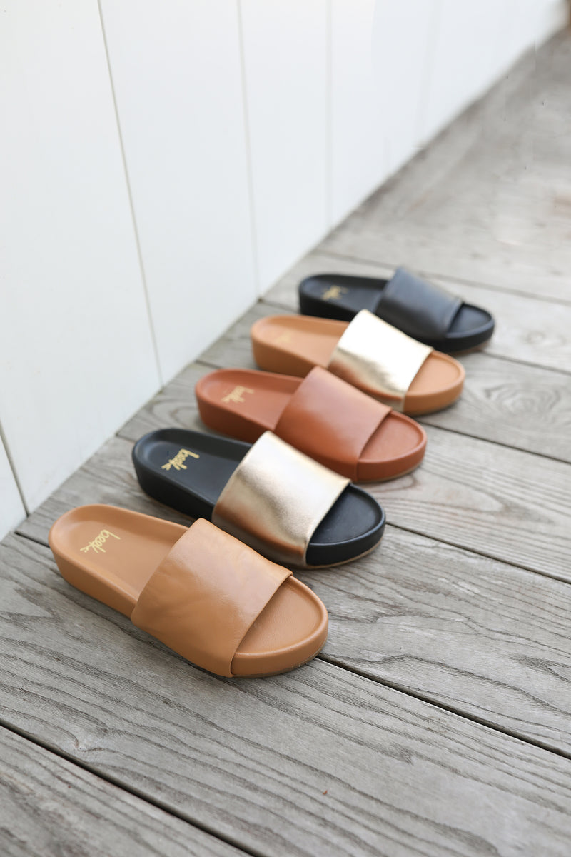 Group shot of Pelican leather platform sandals in honey, bronze/black, tan, gold/honey, black (front to back).