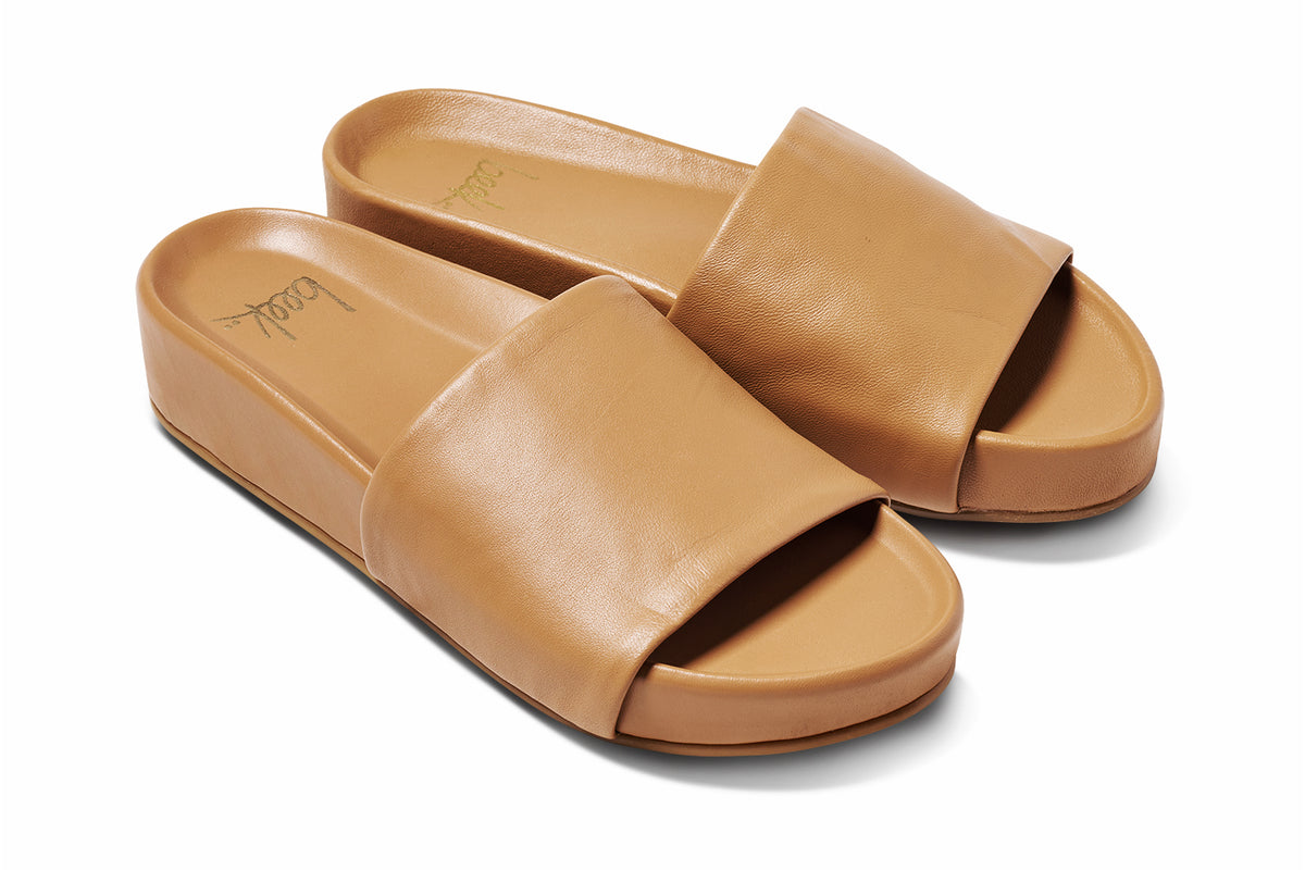 Pelican leather platform sandal in honey - product angle shot