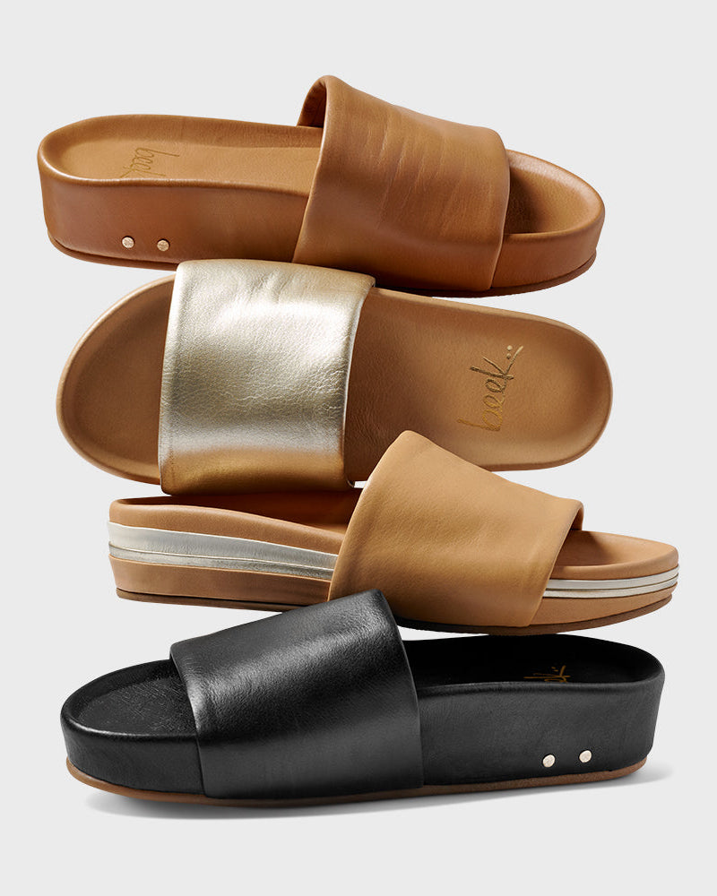 Pelican leather sandal in honey, in platinum/beach, in black stacked with Pelican Stripe leather platform sandal in beach.