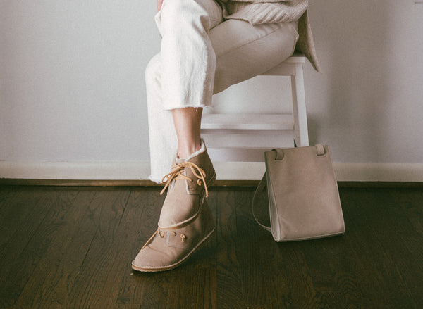 @ashrohr wearing Penguin shearling booties in stone.