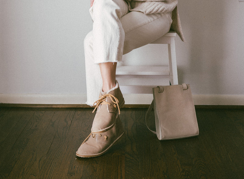 @ashrohr wearing Penguin shearling booties in stone.