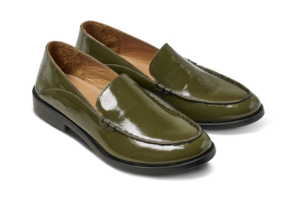 Pepper patent leather loafer in olive - product angle shot