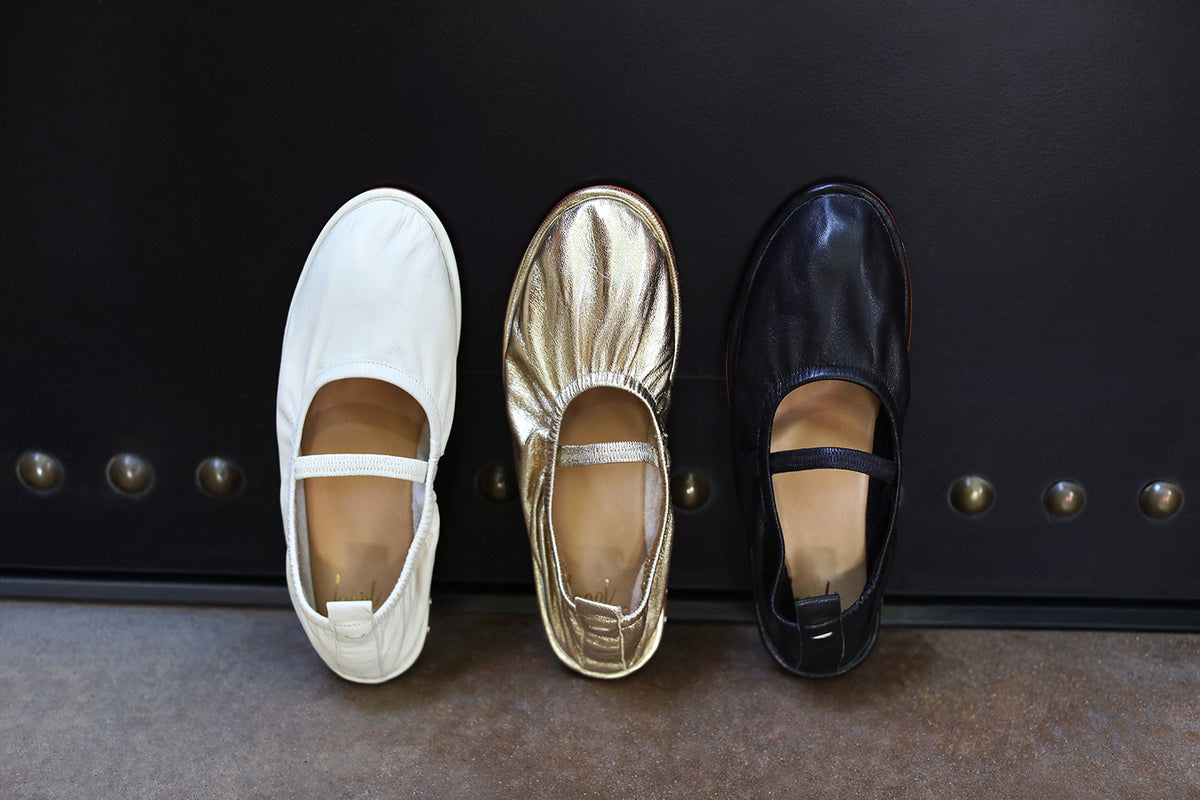 Group shot of Petey leather ballet shoes in vanilla, gold, and black
