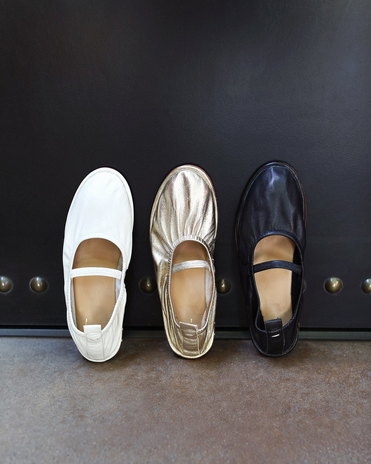 Group shot of Petey leather ballet shoes in vanilla, gold, black