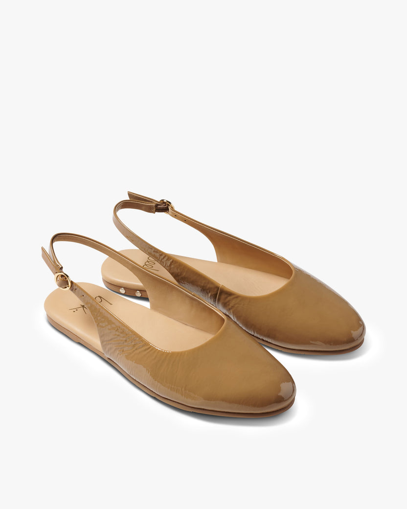 Pipit patent leather ballet mules in latte - product angle shot
