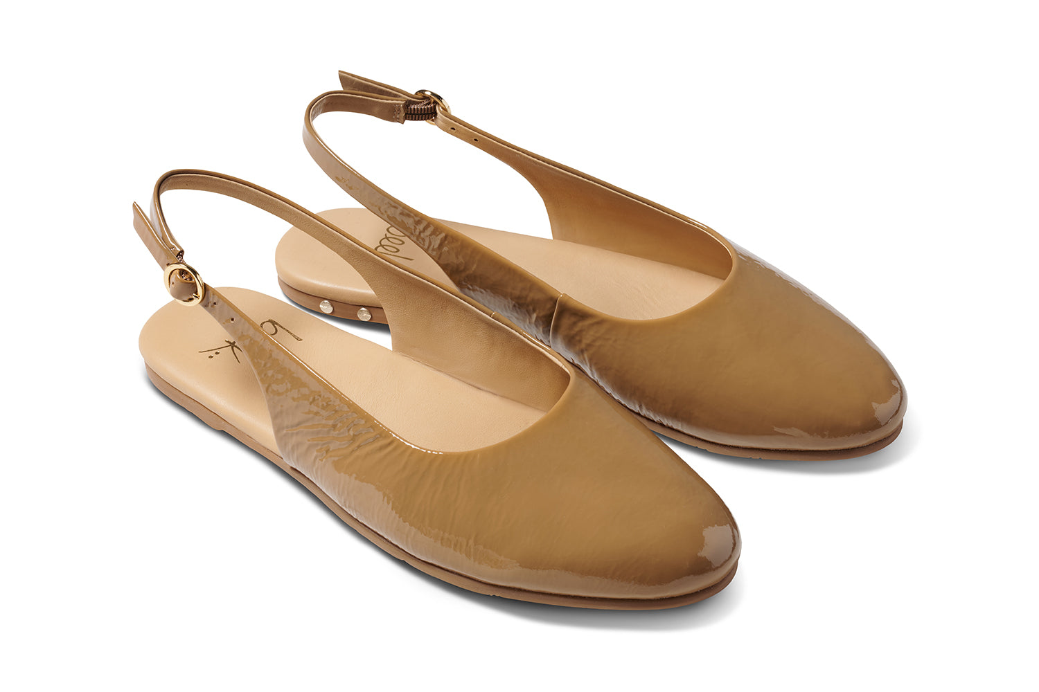 Pipit patent leather ballet mules in latte - product angle shot