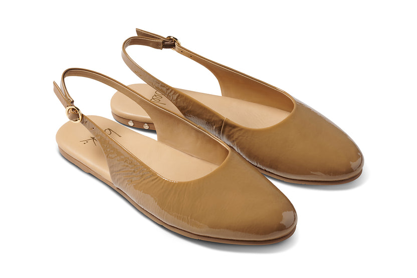 Pipit patent leather ballet mules in latte - product angle shot