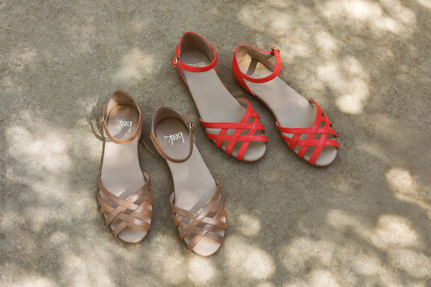 Group shot of Plover leather basket weave sandals in honey and tomato