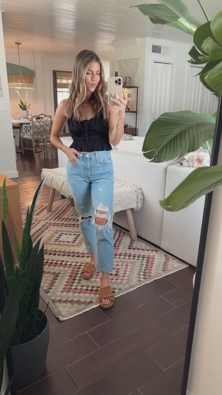 @bohobeachteacher influencer wearing Kea suede slide sandals in caramel with jeans and tank top in front of mirror. No ClosedCaption.