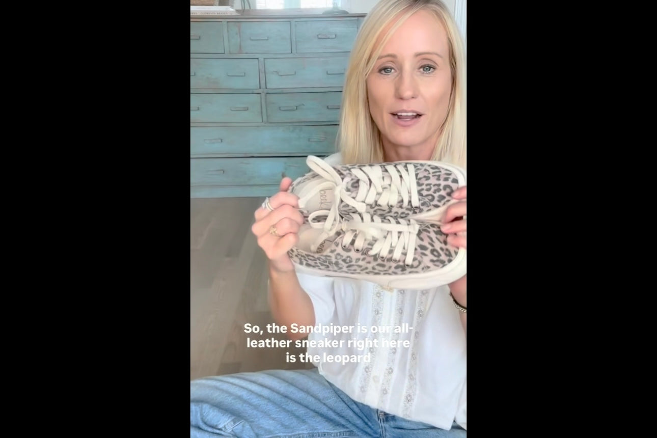 beek co-founder Kenna talking about fit of the Sandpiper leather sneaker in leopard.