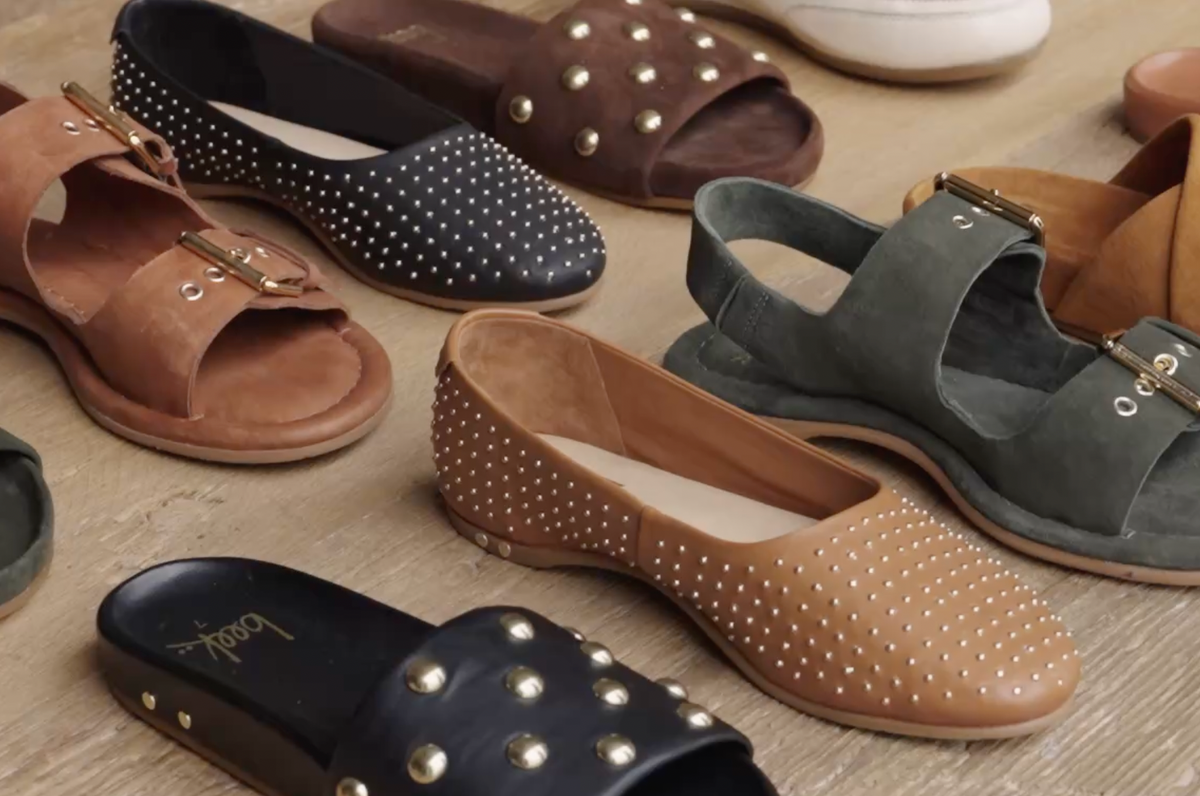 Video showing Early Fall Collection including Kea in ivy, Huet in cognac, Swiftlet Stud in black, Gallito Stud in coffee, Sandpiper in ivy, Gallito Stud in black, Swiftlet Stud in tan, Huet in ivy, Kea in caramel, Gallito Stud in tan.